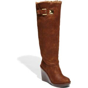 NWT MICHAEL Michael Kors brown distressed faux suede & faux fur lined long boots